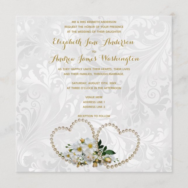 Convites Corações de Pérola e Flores Casamento Damask (Frente)