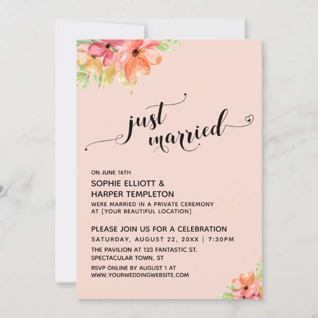 Convites Corações de Recém-Casados Script Blush Flores Boho (Frente)