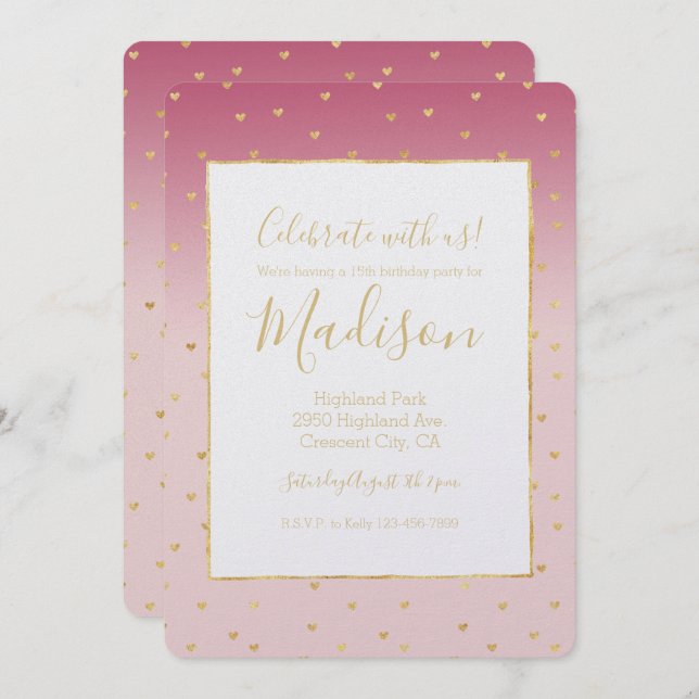 Convites Corações Dourados Blush Pink Ombre Aniversário (Frente/Verso)