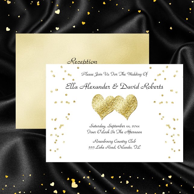 Convites Corações Dourados Elegantes (Elegant Gold Wedding Hearts Invitation With RSVP)