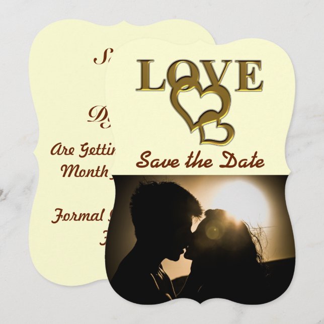 Convites Corações Dourados Românticos, Foto, Rosa vermelha (Frente/Verso)