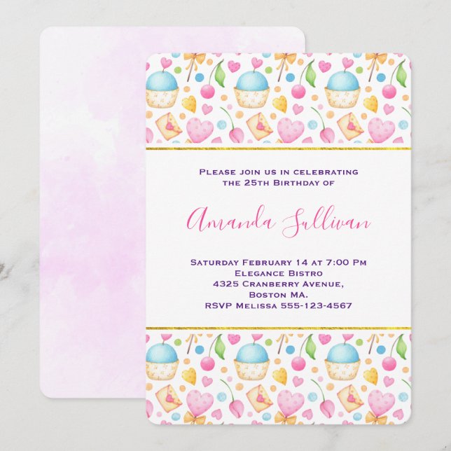 Convites Corações e Amor Delicioso Padrão de Aquarela (Frente/Verso)