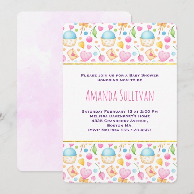 Convites Corações e Chá de fraldas de Padrão de Aquarela de (Frente/Verso)