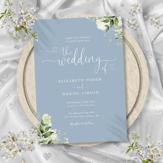 Convites Corações Florais de Verdor Script Casamento Azul E (Greenery Floral Hearts Script Dusty Blue Wedding Invitation)