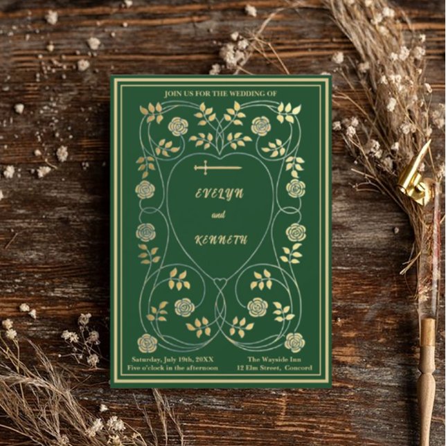 Convites Corações Florais Dourados Medievais e Casamento co (Criador carregado)