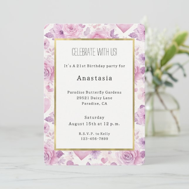 Convites Corações Flores Roxo Rosa Aniversário (Em pé/Frente)