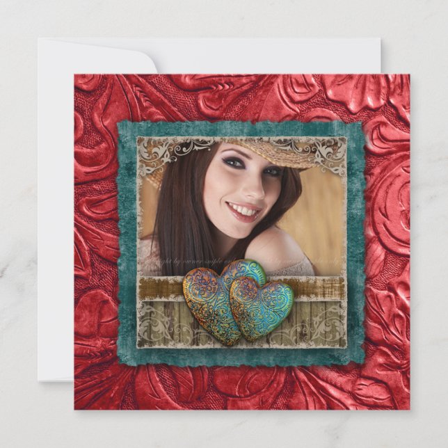 Convites Corações legal da foto do couro ocidental do (Frente)