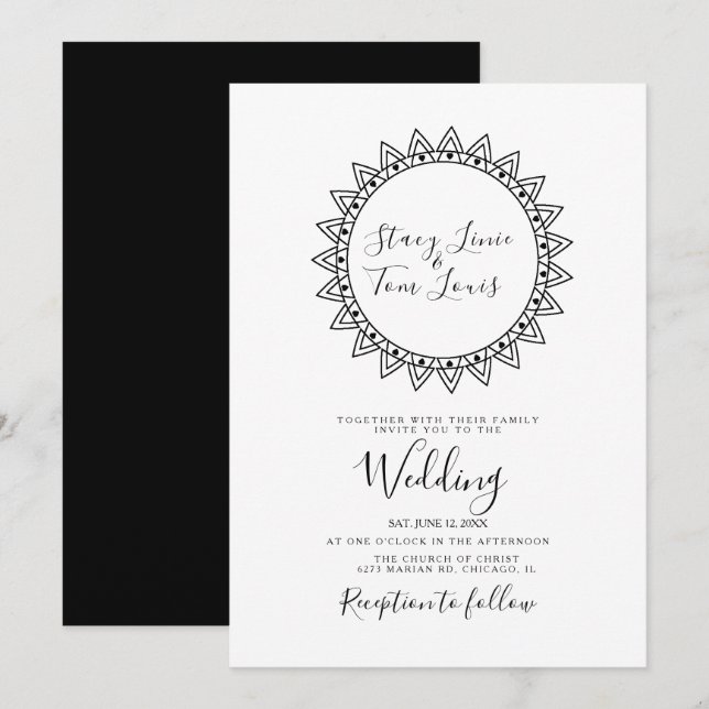 Convites Corações Quadro Circular Preto Branco Casamento (Frente/Verso)