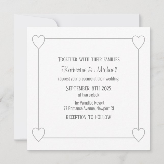 Convites Corações Românticos Casamento Simples Branco Moder (Frente)