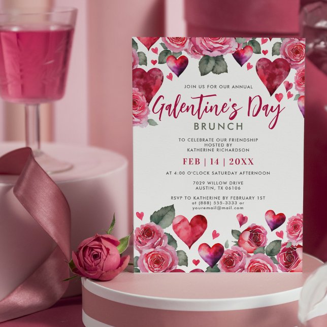 Convites Corações Românticos e Rosas Galentine's Day Brunch (Criador carregado)