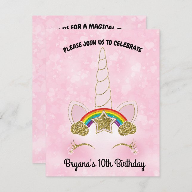 Convites Corações Rosa Arco-íris Dourado Estrela Chifre de  (Frente/Verso)