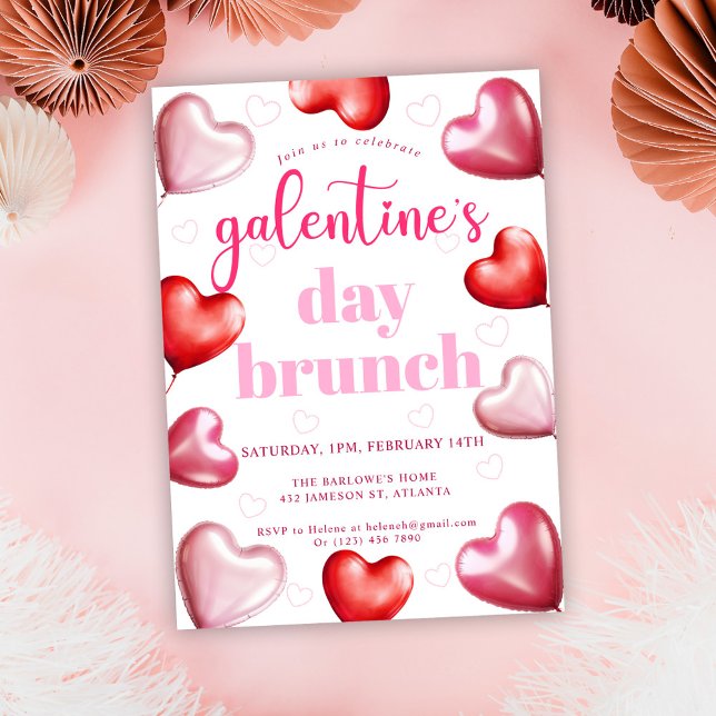 Convites Corações Rosa Bonitos Corações Galentinos Dia Brun (Cute Girly Pink Galentine's Day Brunch Invitation)