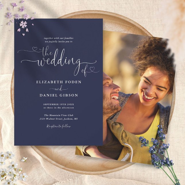 Convites Corações Simples em Azul Marinho Casamento Foto Ro (Criador carregado)