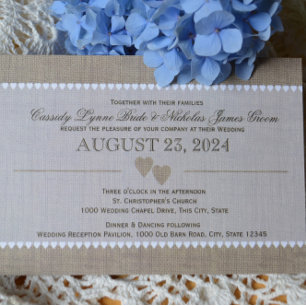 Convites Corações tesos e Casamento Burlap