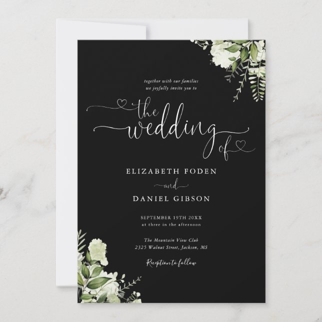 Convites Corações Verdes Script Casamento Preto e Branco (Frente)