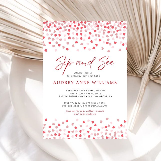 Convites Corações Vermelhos Cor-de-Rosa Moderno Sip and See (Criador carregado)