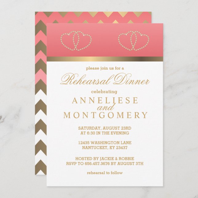 Convites Corais e Corações Dourados - Janto de ensaio (Frente/Verso)