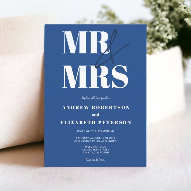 Convites Corajoso moderno, Sr. Script Chic Blue Casado (Modern bold Mr Mrs script chic blue photo wedding Invitation)