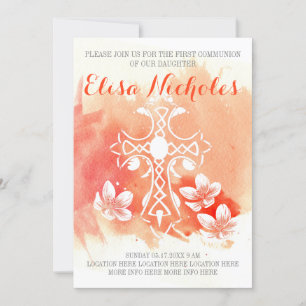 Convites Coral aquarela cruzado floral Primeira Comunhão Sa