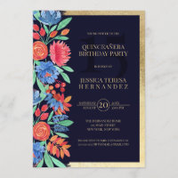 Coral Azul Dourado Floral Watercolor Quinceañera