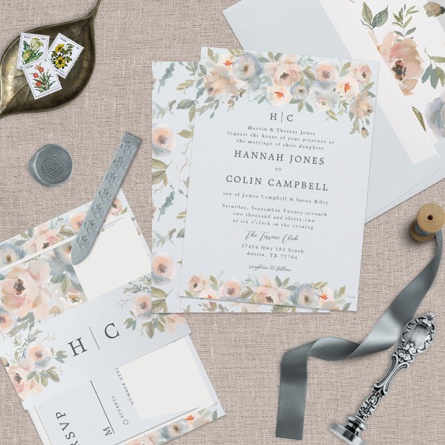 Convites Coral Azul Pêssego Pastel do Jardim de Algodão (Criador carregado)