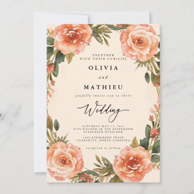 Convites Coral Bloom Floral Romance Wedding (Frente)