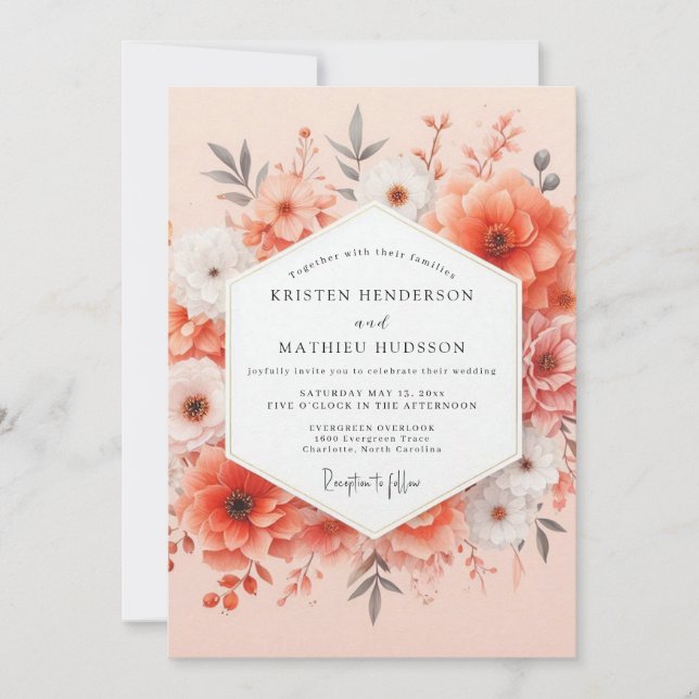 Convites Coral Bloom Romance Wedding (Frente)