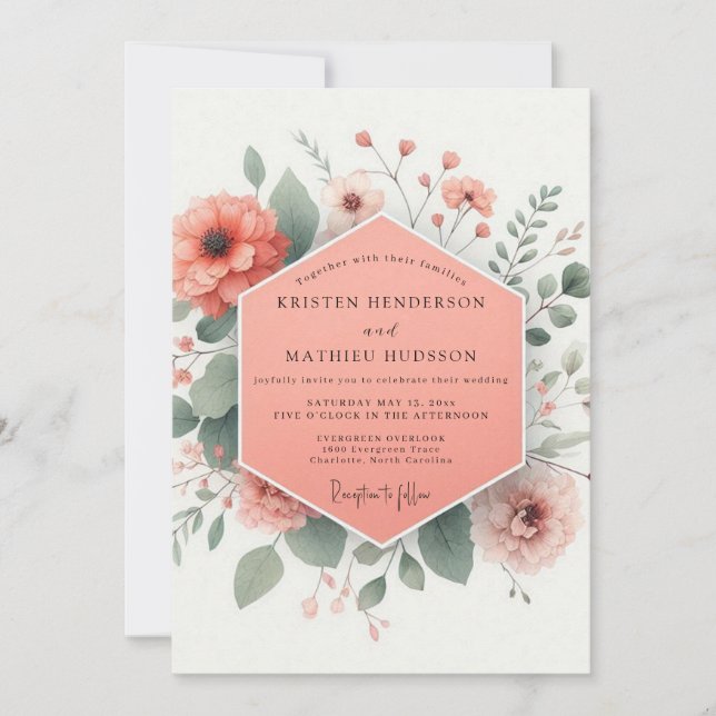 Convites Coral Blossom Bloom Wedding (Frente)