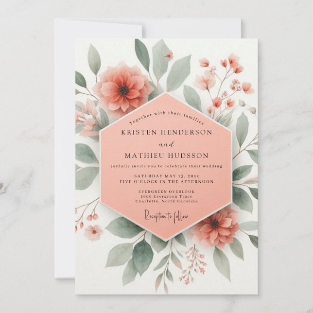 Convites Coral Blossom Botanical Romance Wedding (Frente)