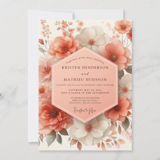 Convites Coral Blossom Romantic Wedding (Frente)