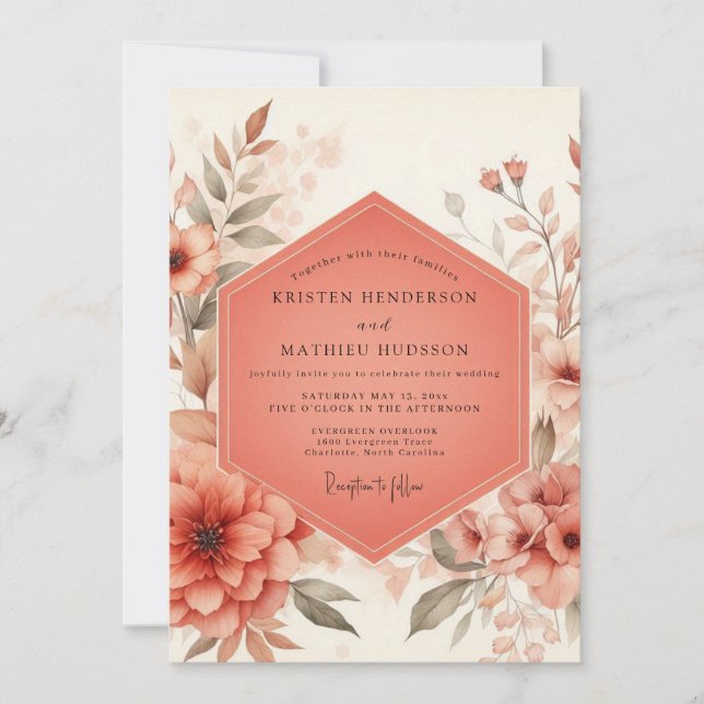 Convites Coral Blossom Rustic Wedding (Frente)