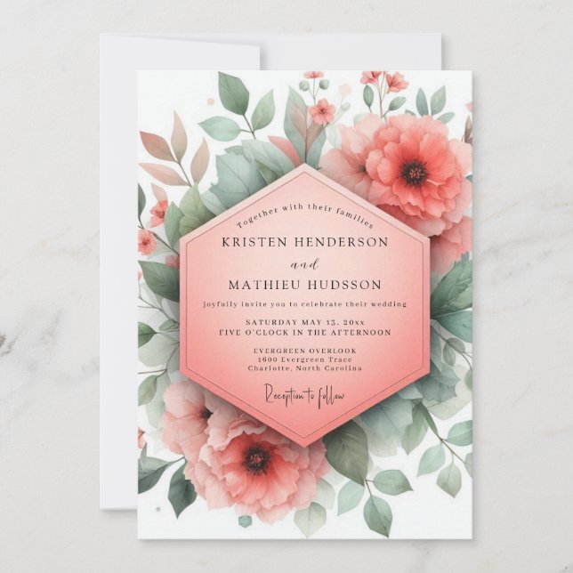 Convites Coral Blossom Whimsical Wedding (Frente)