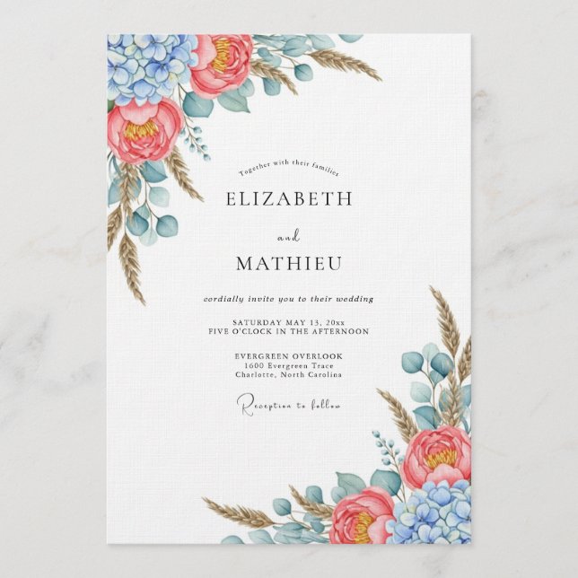 Convites Coral Blue Botanical Flourish Wedding (Frente)