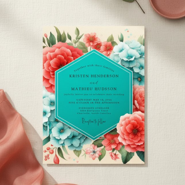 Convites Coral Blue Floral Romance Wedding (Criador carregado)