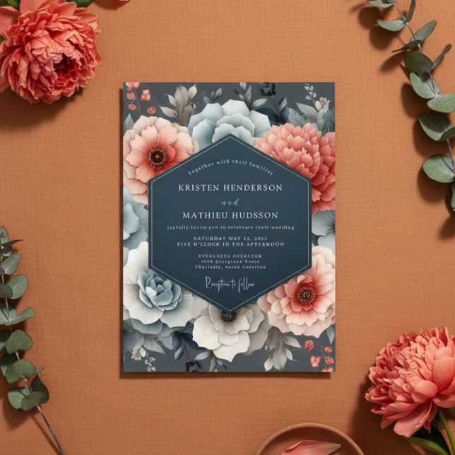 Convites Coral Blue Floral Romance Wedding (Criador carregado)