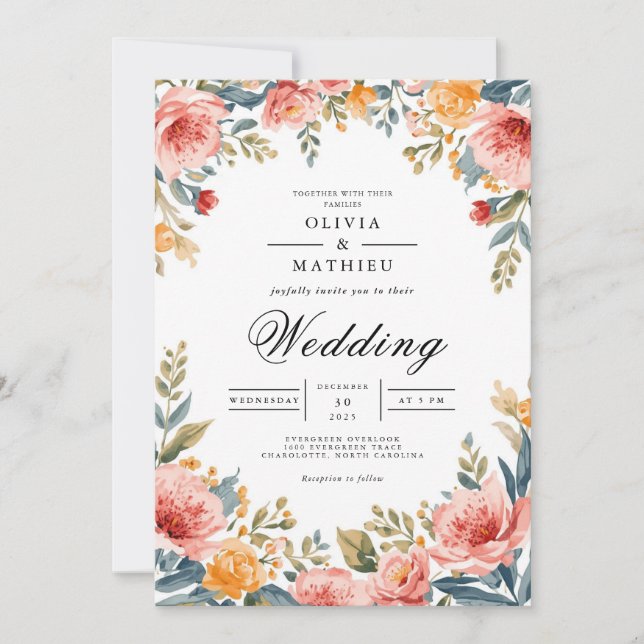 Convites Coral Blush Floral Romance Wedding (Frente)