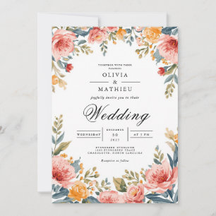 Convites Coral Blush Floral Romance Wedding