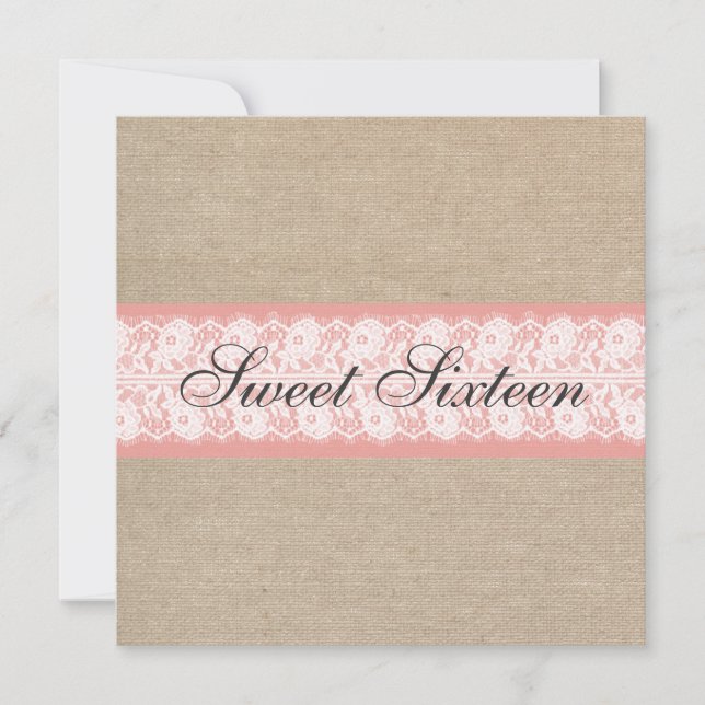 Convites Coral Burlap Lace Doce 16 Aniversário (Frente)
