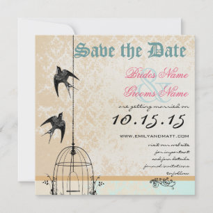 Convites Coral Damask Bird Cage Casamento Salve a Data