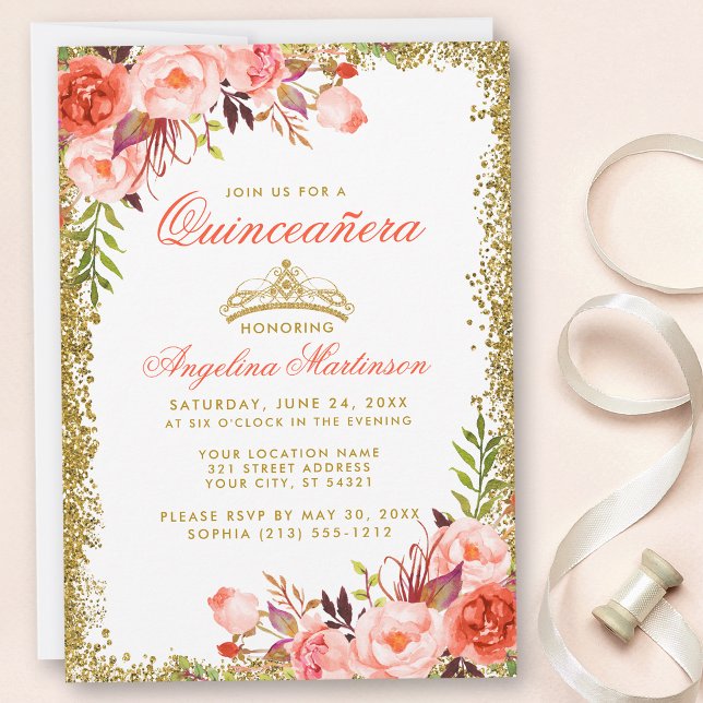 Convites Coral de Aquarela Dourada Floral Quinceanera (Customize to change text color, style or add text & photos to back of card.)