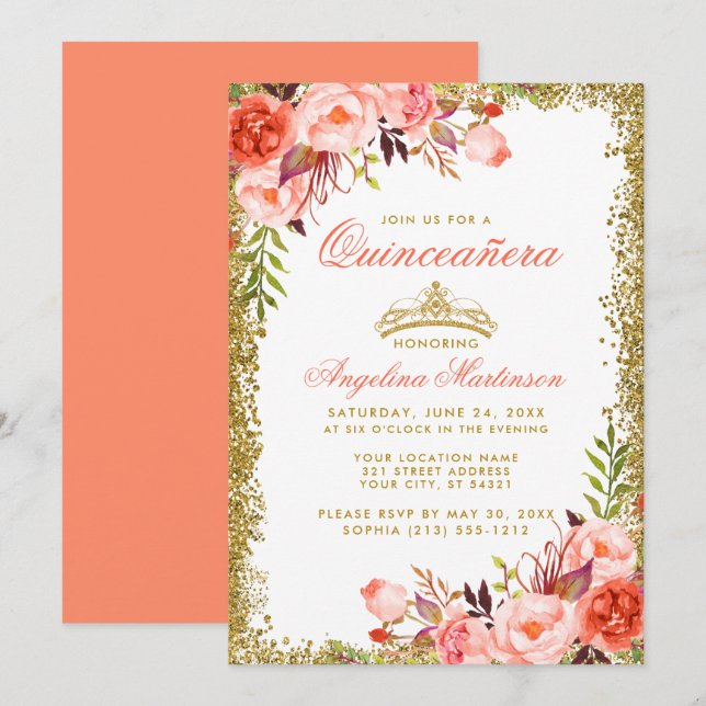 Convites Coral de Aquarelas Quinceanera Dourada Glitter (Frente/Verso)