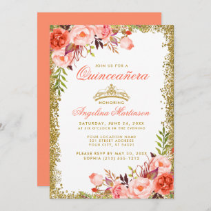 Convites Coral de Aquarelas Quinceanera Dourada Glitter