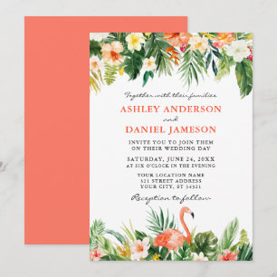 Convites Coral de Casamento de Flamingo Tropical de Waterco