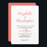 Convites Coral de Cor do Script de Casamento Moderno<br><div class="desc">Este convite de casamento moderno e chic usa a cor do coral. Os nomes na fonte de estilo manuscrito de script são proeminentes e distintos. Personalize os detalhes com suas informações. O coral de cor de sotaque pode ser alterado usando a ferramenta personalizar. se você precisar de ajuda, entre em...</div>