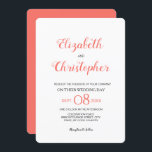 Convites Coral de Cor do Script de Casamento Moderno<br><div class="desc">Este convite de casamento moderno e chic usa a cor do coral. Os nomes na fonte de estilo manuscrito de script são proeminentes e distintos. Personalize os detalhes com suas informações. O coral de cor de sotaque pode ser alterado usando a ferramenta personalizar. se você precisar de ajuda, entre em...</div>