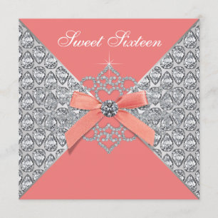 Convites Coral Diamantes Coral Doce 16 Festa de aniversário
