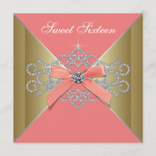 Convites Coral Diamantes Coral Dourado Sweet 16 Festa de an