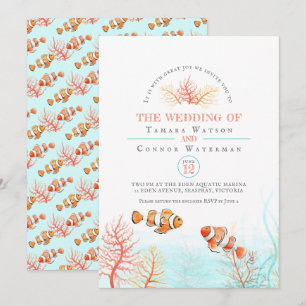 Convites Coral do casamento e aguarela aquáticos dos peixe