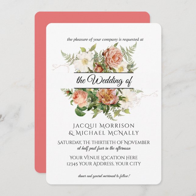 Convites Coral e Blush Peony, Rosas w Fern Wreath Weding (Frente/Verso)