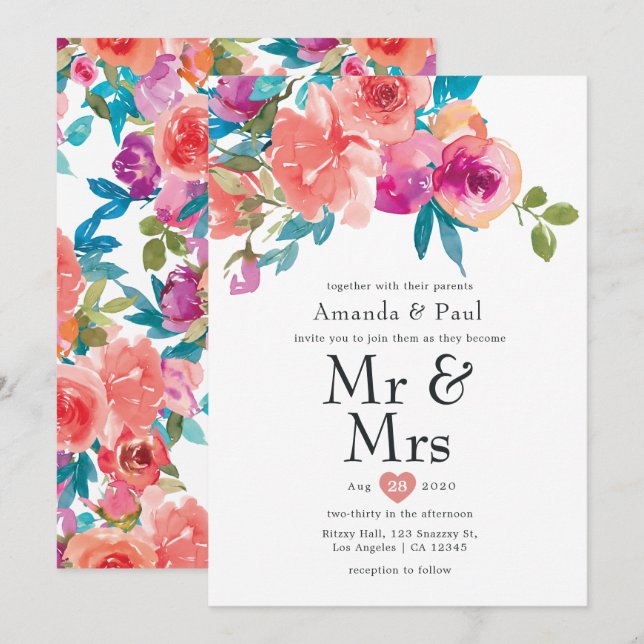 Convites Coral e Fandango Floral Sr e Sra Casamento (Frente/Verso)